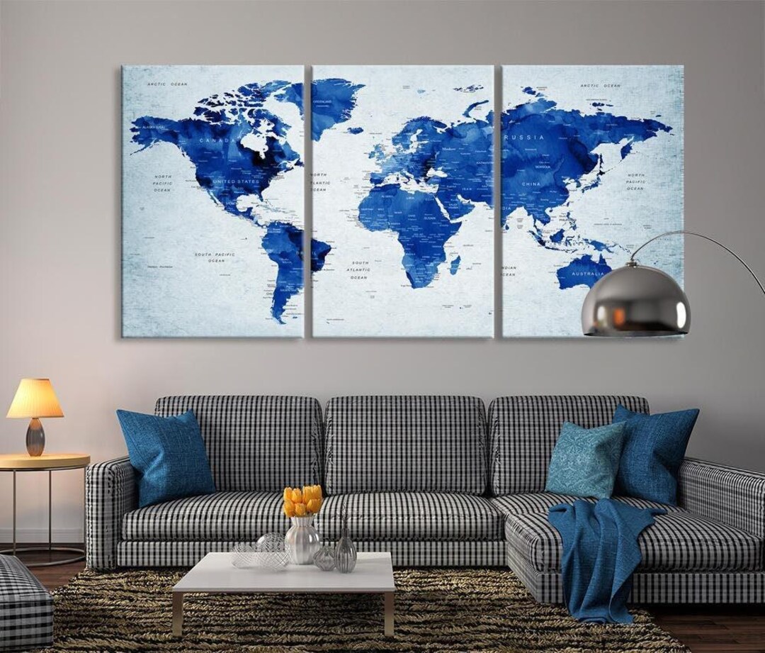 Navy Blue Push Pin World Map Canvas Print, Extra Large Wall Art, Push ...