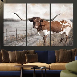 Rustic Longhorn Canvas Wall Art - Bull Horn Texas Cow in Field Wall Art Canvas Print, Longhorn Cow Print Cow Horn Art Print, Farmhouse Décor