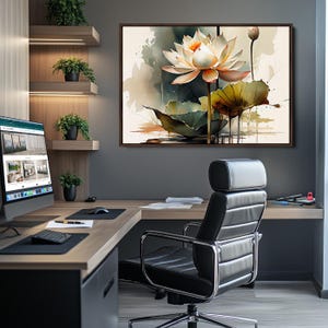 Lotus Blossom Wall Art Canvas Print, Framed Water Lily Art Picture Print, Zen Flower Perfect Zen Botanical Decor Artwork