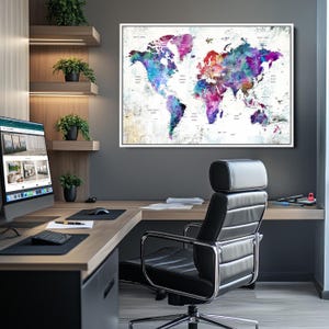 Impresión en lienzo de arte mural con mapa del mundo colorido, impresión artística abstracta enmarcada con globo terráqueo, mapa vibrante, obra de arte de decoración moderna perfecta y vibrante.