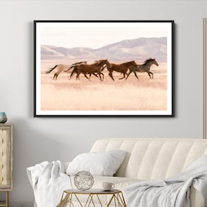 Galloping Wild Horse Wall Art Canvas Print, Framed Desert Horse Art Picture Print, Mustang Horses Perfect Rustic Western Decor Artwork