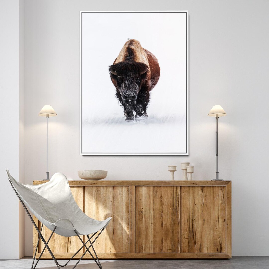 Bison in Winter Wall Art Canvas Print, Framed Winter Wildlife Art ...