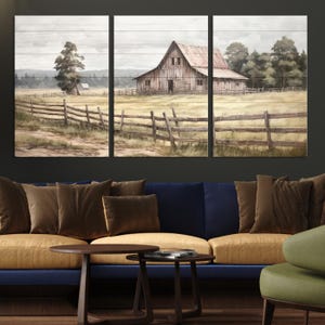 Rustikale Scheunenwand Kunst Leinwanddruck, gerahmte Landschaft Bauernhof Kunst Bilddruck, Vintage Farm Perfektes rustikales Bauernhausdekor Kunstwerk