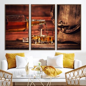 Whiskey Bottle Wall Art Canvas Print, Framed Amber Liquor Art Picture Print, Rustic Barrel Perfect Rustic Vintage Decor Artwork