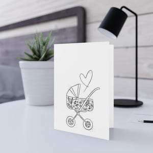 Carrinho de bebê floral com coração, cartão para chá de bebê, minimalista, cartão de felicitações com linhas finas, parabéns, cartões de felicitações modernos