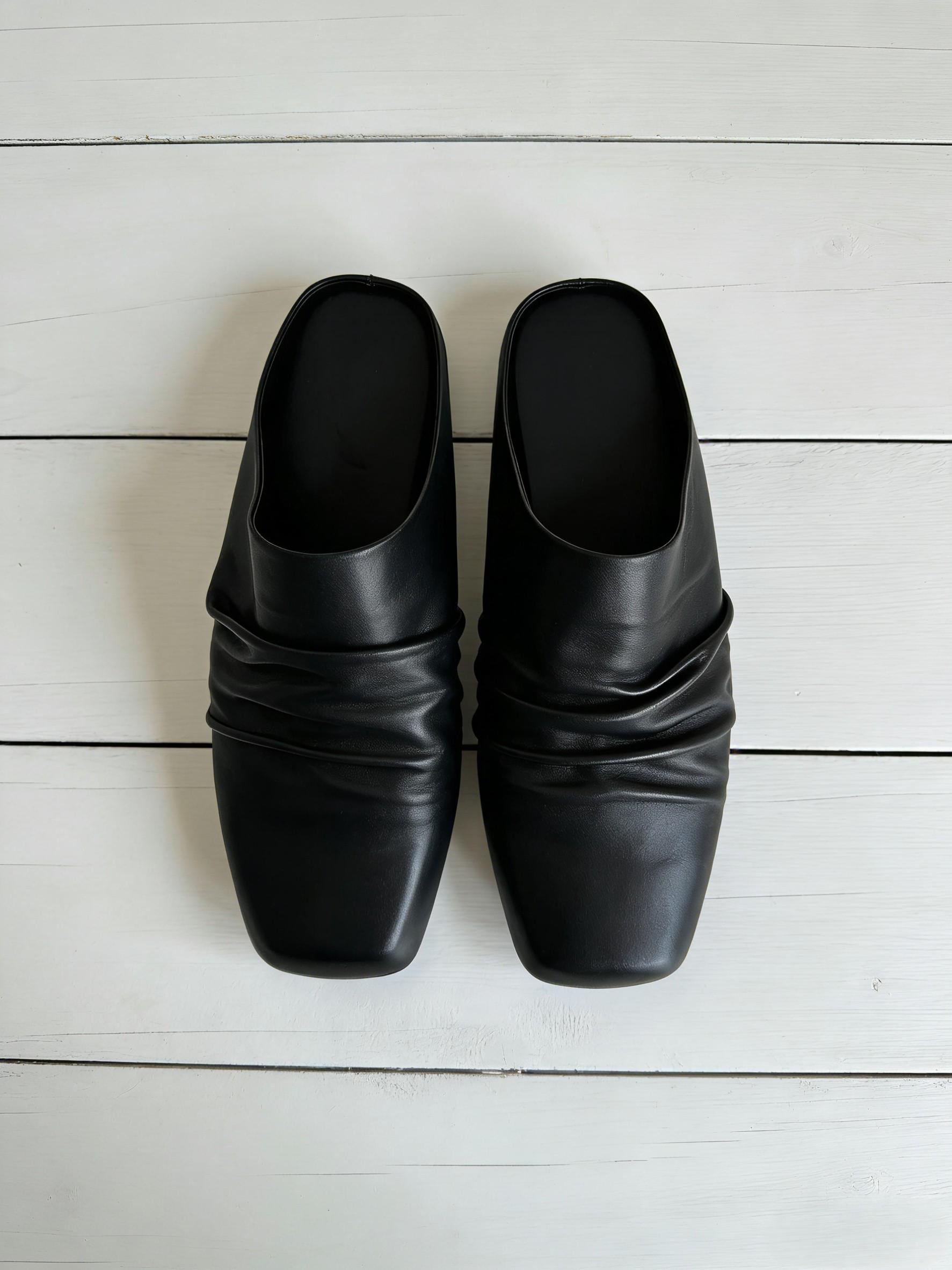Luxury Black Leather Square Toe Slip-on Mules, Wrinkled Soft