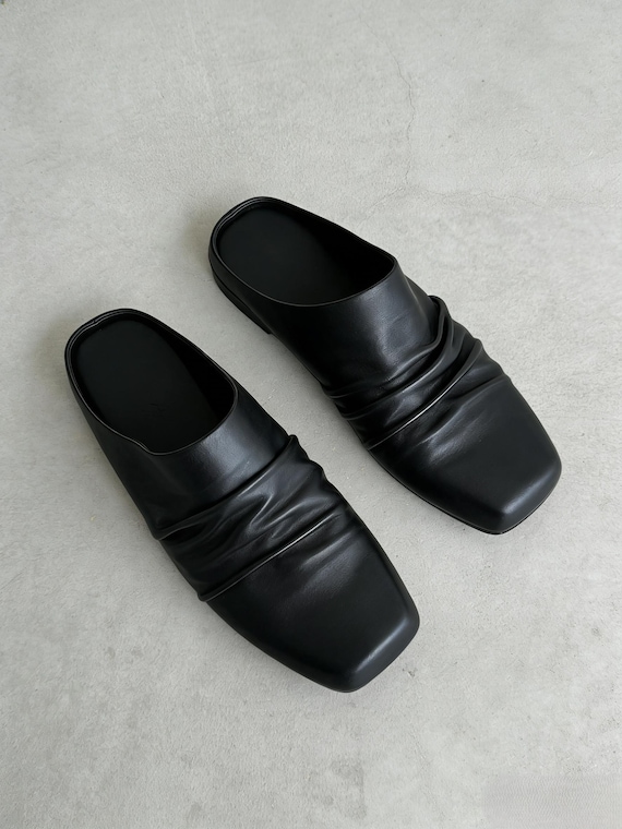 Luxury Black Leather Square Toe Slip-on Mules, Wrinkled Soft