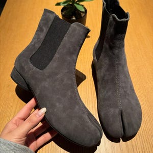 Handmade Suede Leather Tabi Boots | Gray Split Toe Ankle Boots | Custom Handmade Leather Footwear | Minimalist Japanese Style Shoes