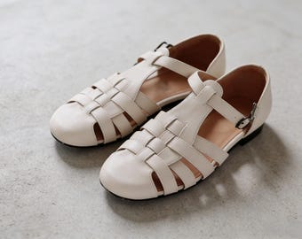 Sandalias de pescador de cuero, estilo gladiador vintage con punta cerrada, suela suave, estilo informal con hebilla para mujer.