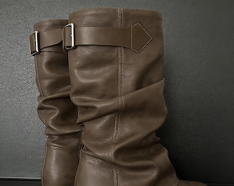 Designer Wrinkled Mid-Calf Boots for Women, Leather Brown Slouch Boots, Handmade Maillard Aesthetic Fall Footwear
