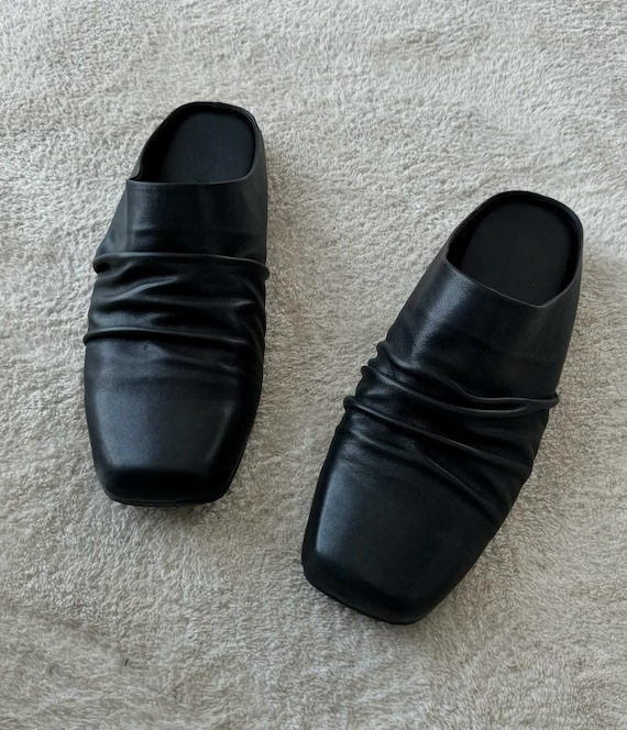 Luxury Black Leather Square Toe Slip-on Mules, Wrinkled Soft