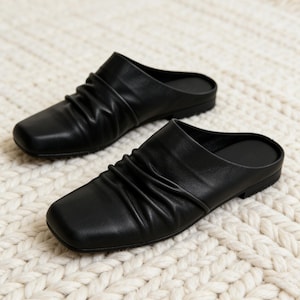 Luxury Black Leather Square Toe Slip-On Mules, Wrinkled Soft Loafers, Minimalist Modern Design, Stylish Handmade Women's Flat Shoes