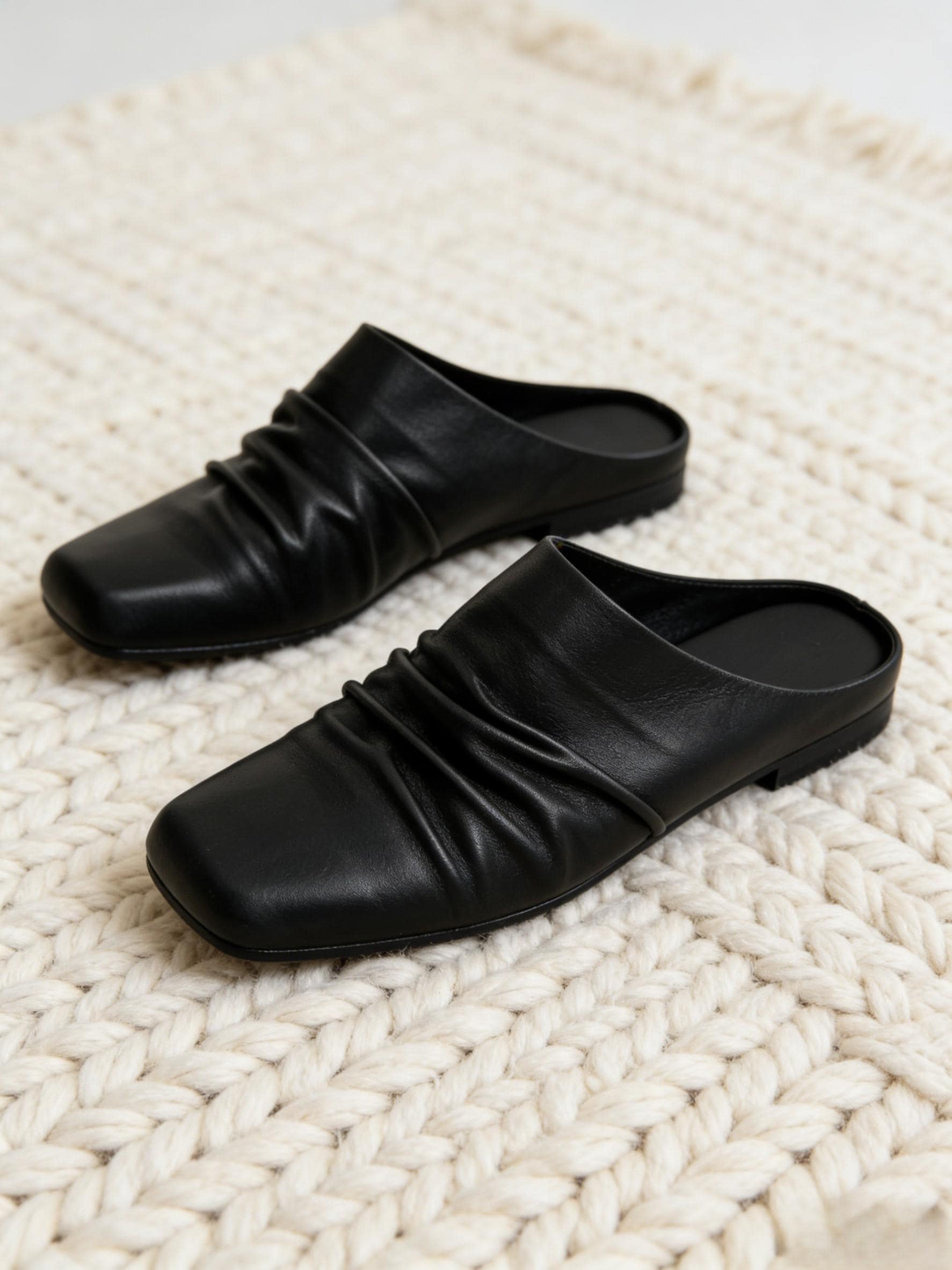 Luxury Black Leather Square Toe Slip-on Mules, Wrinkled Soft