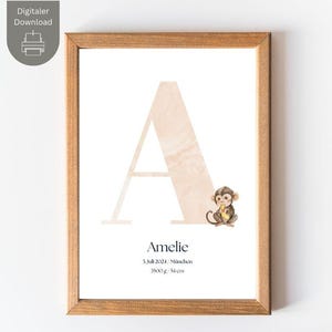 Póster de nacimiento "A" con monos y fechas de nacimiento personalizadas - foto de nacimiento - carta astral - regalo de nacimiento