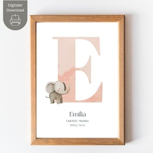 Póster de nacimiento "E" con elefante y detalles de nacimiento personalizados - foto de nacimiento - carta astral - regalo de nacimiento