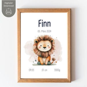 Geburtsposter Löwe mit personalisierten Geburtsdaten - Geburtsbild - Geburtstafel - Geschenk zur Geburt