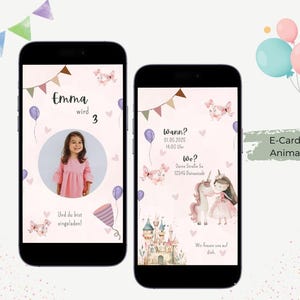 Einladung mit Animation - Kindergeburtstag Prinzessin - personalisierbar -  E-Card - digitale Einladung Geburtstag Mädchen Rosa Einhorn