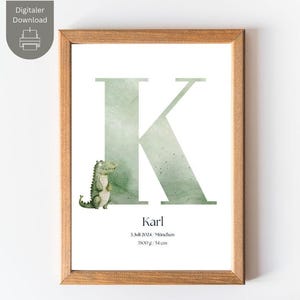 Póster de nacimiento "K" con cocodrilo y detalles de nacimiento personalizados - Foto de nacimiento - Carta astral - Regalo de nacimiento