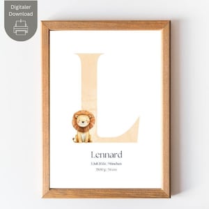 Geburtsposter „L“ mit Löwen und personalisierten Geburtsdaten - Geburtsbild - Geburtstafel - Geschenk zur Geburt
