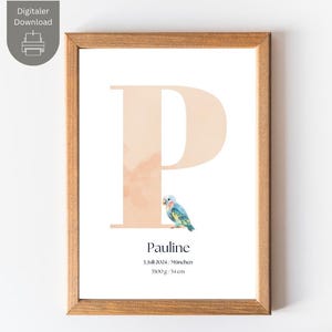 Póster de nacimiento "P" con loro y detalles de nacimiento personalizados - foto de nacimiento - carta astral - regalo de nacimiento