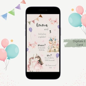 Uitnodiging kinderverjaardag prinses - personaliseerbaar - E-card - digitale uitnodiging verjaardag meisje roze sprookjesachtige eenhoorn