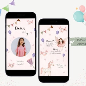 Einladung mit Animation - Kindergeburtstag Fee - personalisierbar -  E-Card - digitale Einladung Geburtstag Mädchen Rosa Einhorn