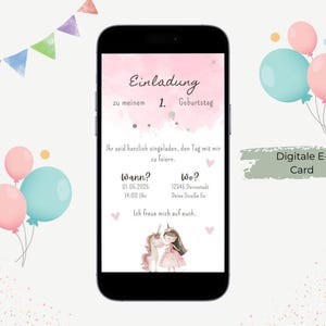Einladung Kindergeburtstag Prinzessin - personalisierbar -  E-Card - digitale Einladung Geburtstag Mädchen Rosa Märchen Einhorn