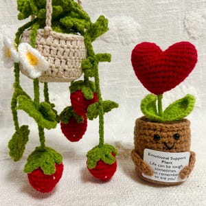 May include: Two crocheted plant decorations. One is a hanging planter with green leaves and white flowers, and the other is a potted heart-shaped plant with a brown pot and a smiling face. The pot has a tag that reads "Emotional Support Plant Life can be tough sometimes. But remember so are you!"