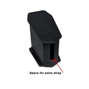 May include: A black, rectangular 3D-printed object with a textured top and a slot. The text "Space for extra strap" is visible below the object. The object appears to be a component or accessory.