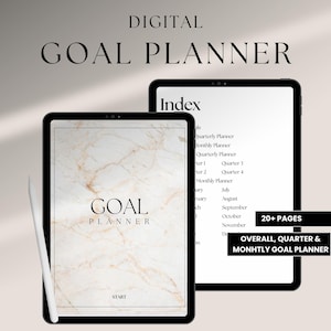 Puede incluir: Planificador de objetivos digital con un fondo de mármol y el texto "GOAL PLANNER" en la portada. La página de índice enumera las diferentes secciones del planificador, incluidos los planificadores de objetivos generales, trimestrales y mensuales. El planificador incluye más de 20 páginas.