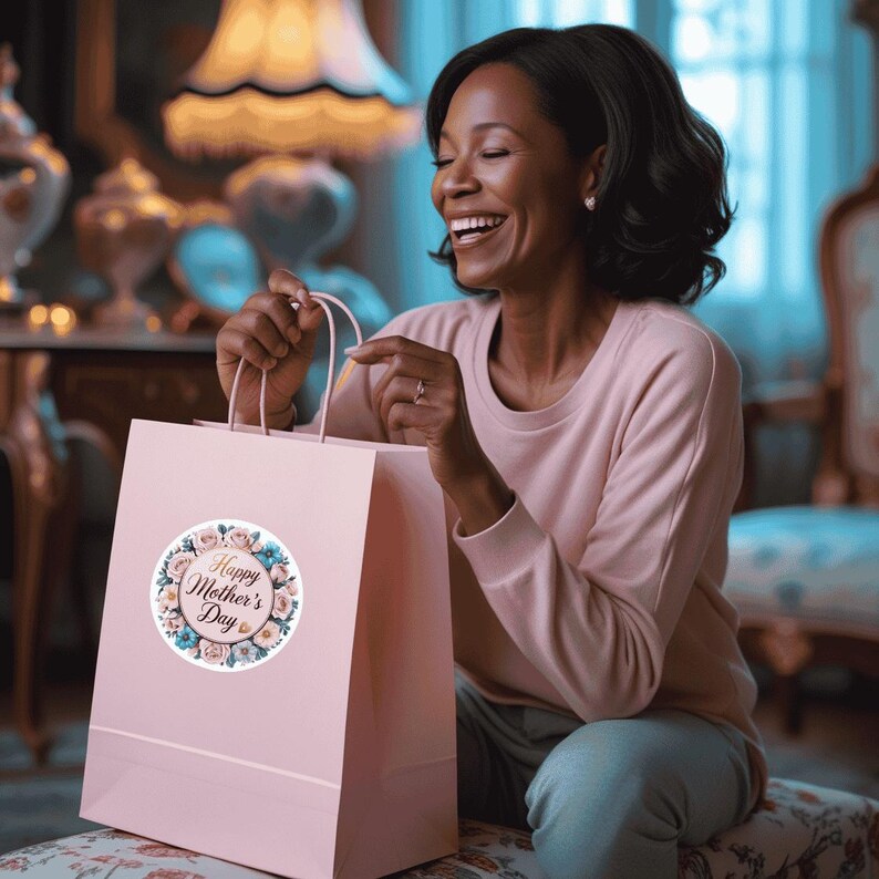 May include: A pink gift bag with a floral sticker that says "Happy Mother's Day". A woman is smiling and holding the bag.