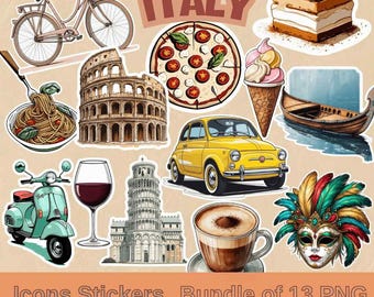 Italy Travel Stickers – Vintage Aesthetic PNG Bundle (Digital Download)