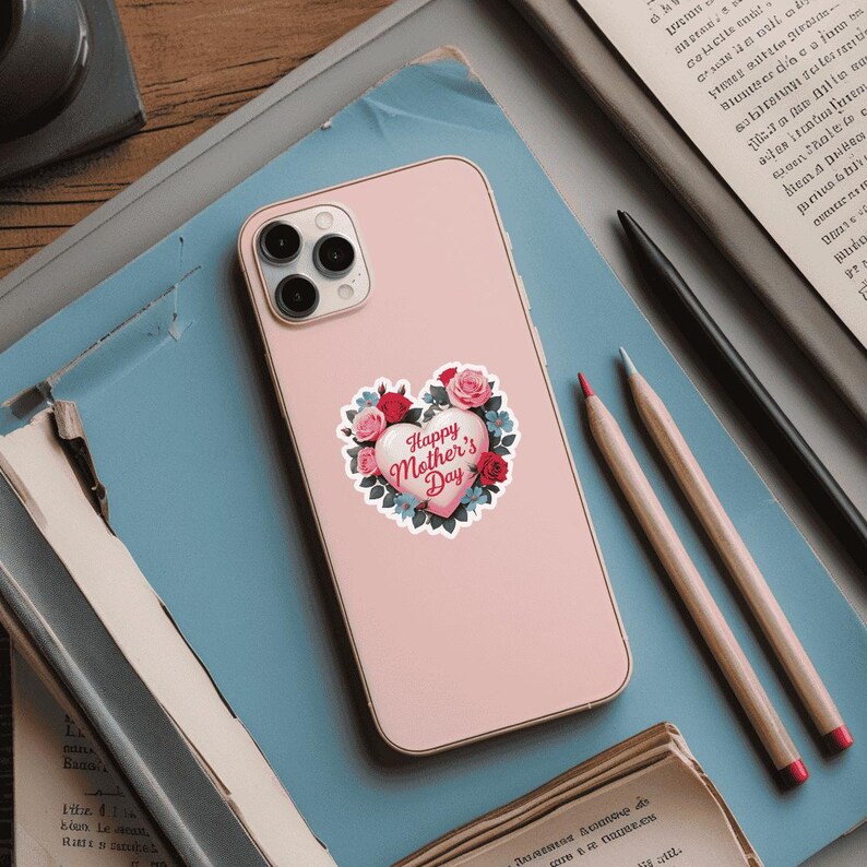 May include: A pink phone case with a heart-shaped sticker that says "Happy Mother's Day" surrounded by pink and red flowers.