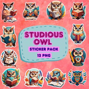 Puede incluir: Un conjunto de doce pegatinas de búhos en varios diseños, cada uno con una paleta de colores y una pose únicas. Las pegatinas muestran búhos leyendo libros, con el texto "STUDIOUS OWL STICKER PACK 12 PNG" en el centro.