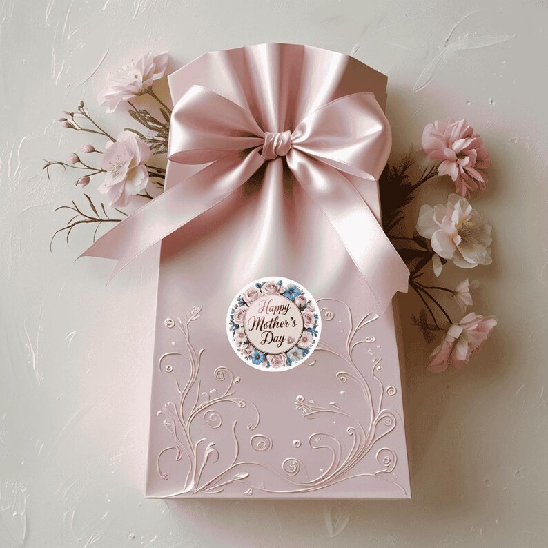 May include: A pink gift bag with a satin bow and a floral sticker that says "Happy Mother's Day".