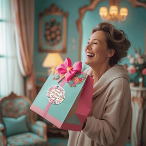 May include: A light blue gift bag with a pink bow and a round sticker that says "Happy Mother's Day" in gold lettering. The sticker has a floral design with pink, white, and yellow flowers.