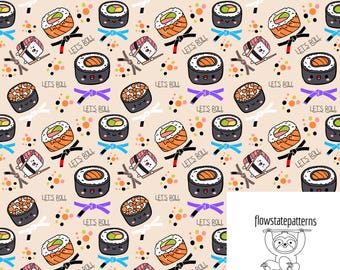 Let’s Roll Sushi Jiu Jitsu Belts Seamless Pattern, Brazilian Jiu Jitsu rashguard print,