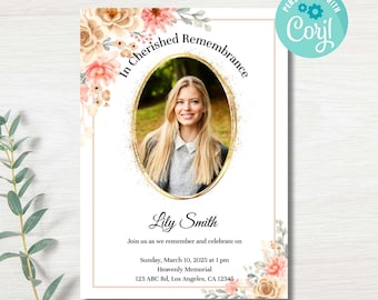 Sherbet Bouquet Funeral Invitation: Editable Memorial Card (Corjl Download)