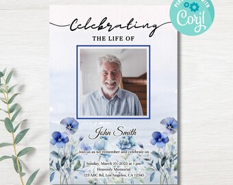 Blue Floral Funeral Invitation Template: Editable Memorial (Instant Download)