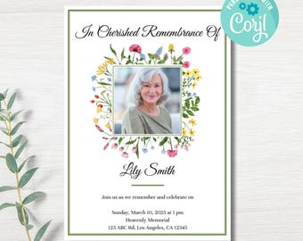 Wildflower Garden Funeral Invitation: Editable Memorial Card (Corjl Instant Download)