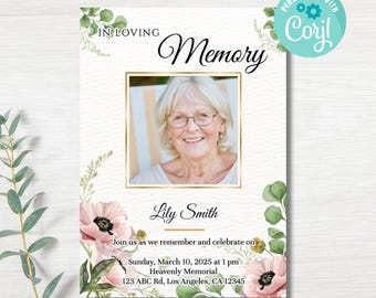 Misty Garden Funeral Invitation Template: Editable Memorial (Instant Download)
