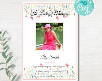 Blooming Wildflower Funeral Invitation: Editable Memorial Card (Instant Download)