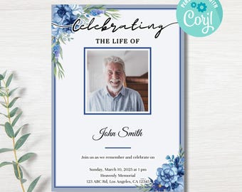Blue Bouquet Funeral Invitation: Editable Memorial Card (Corjl Instant Download)