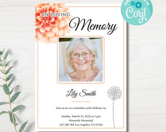 Dahlia Funeral Invitation Template: Editable Memorial (Instant Download)
