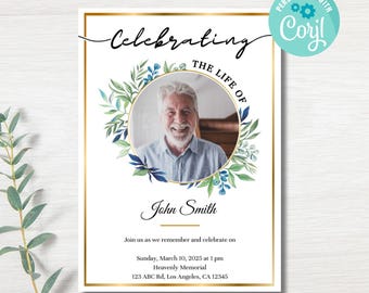 Blue Bouquet Funeral Invitation Template: Editable File (Corjl Instant Download)