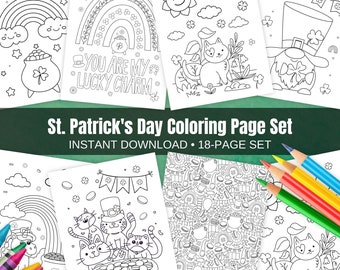 St. Patrick's Day Coloring Page Set, Instant Download for Kids Activity & Party Fun, Printable Saint Paddy's Party Decor, Shamrock Coloring