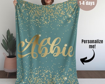 Sparkling Gold Glitter Personalized Name Blanket | Custom Blanket Gift for Birthday, Anniversary Gift for Teen Tween Girl Gift Cozy Throw