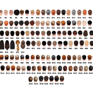 May include: A chart displaying various hairstyles and hair colors, numbered M1 through M140. The image shows a variety of hair styles, including short, long, curly, and straight, with colors ranging from blonde to black.