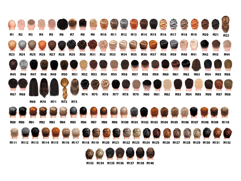 May include: A chart displaying various hairstyles and hair colors, numbered M1 through M140. The image shows a variety of hair styles, including short, long, curly, and straight, with colors ranging from blonde to black.