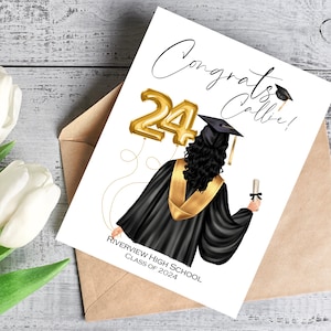 May include: A graduation card featuring an illustration of a graduate in a black gown and cap with gold accents. Gold foil balloons spell out "24". The card reads "Congrats Callie!" and "Riverview High School Class of 2024".